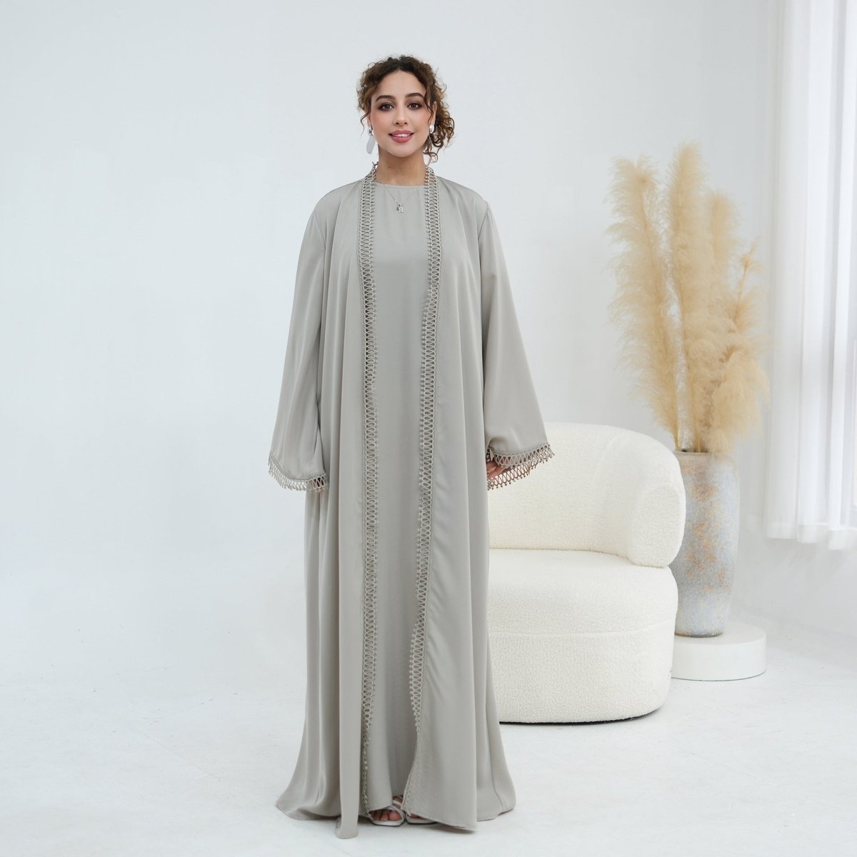 3D Lace Trim Open Abaya & Sleeveless Dress Set(MOA323)