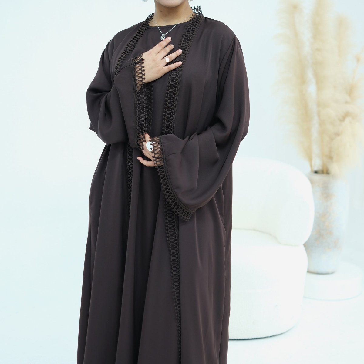 3D Lace Trim Open Abaya & Sleeveless Dress Set(MOA323)
