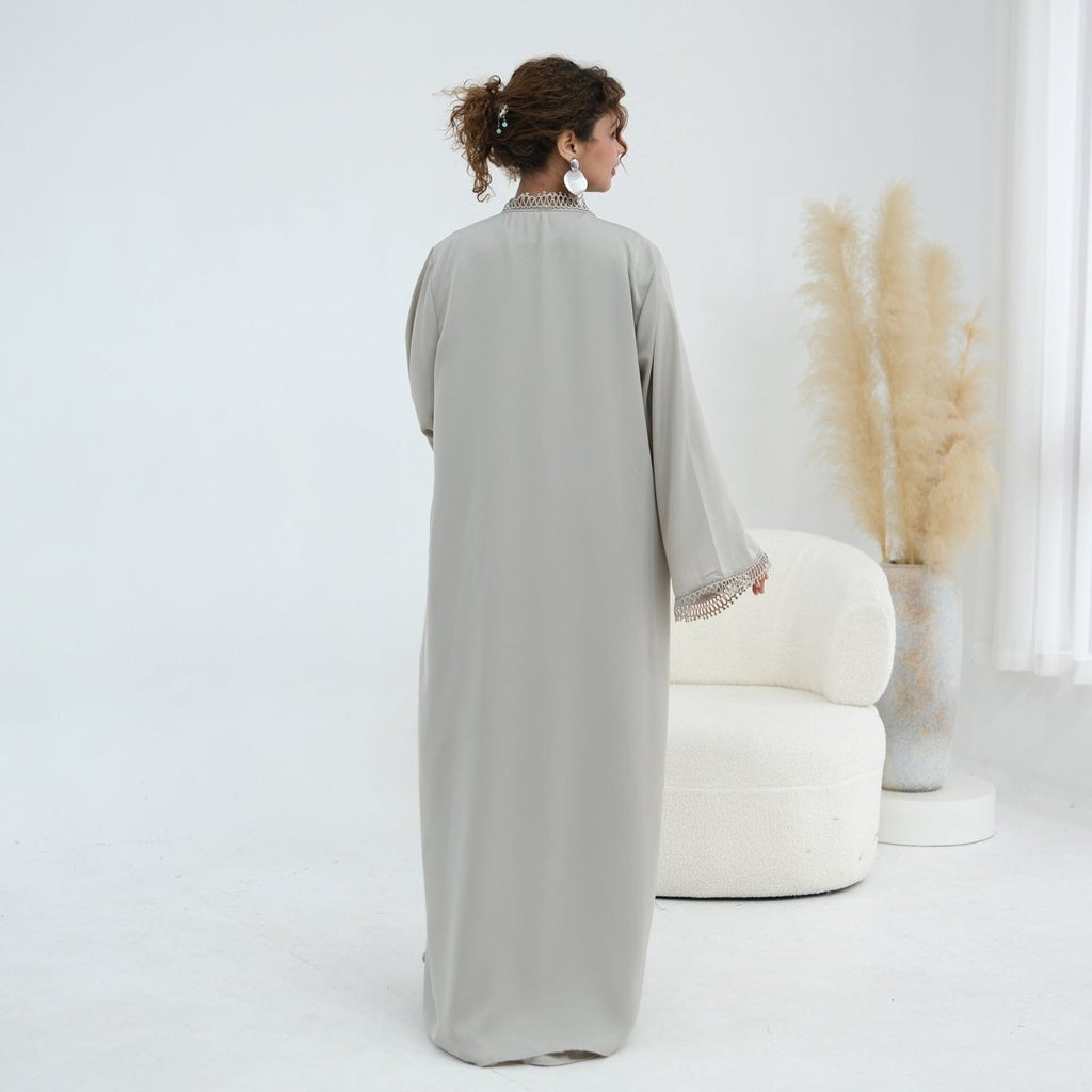 3D Lace Trim Open Abaya & Sleeveless Dress Set(MOA323)