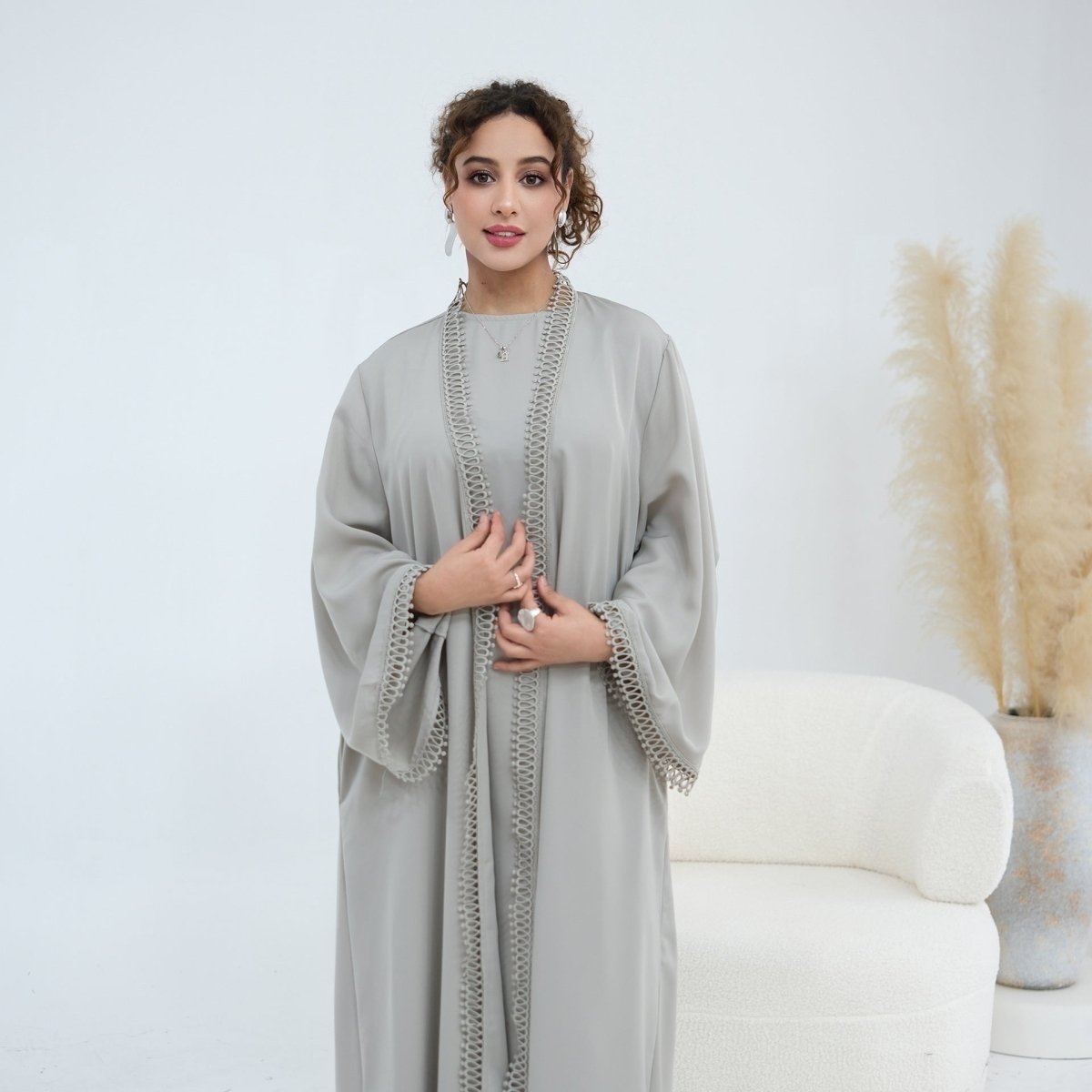 3D Lace Trim Open Abaya & Sleeveless Dress Set(MOA323)