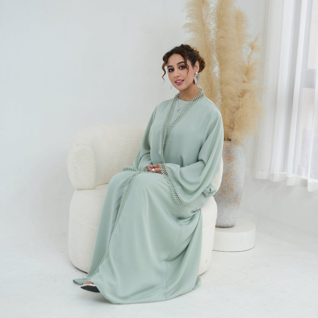 3D Lace Trim Open Abaya & Sleeveless Dress Set(MOA323)
