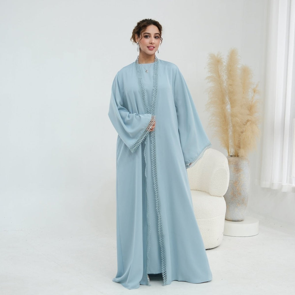 3D Lace Trim Open Abaya & Sleeveless Dress Set(MOA323)