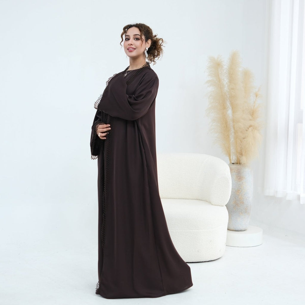 3D Lace Trim Open Abaya & Sleeveless Dress Set(MOA323)