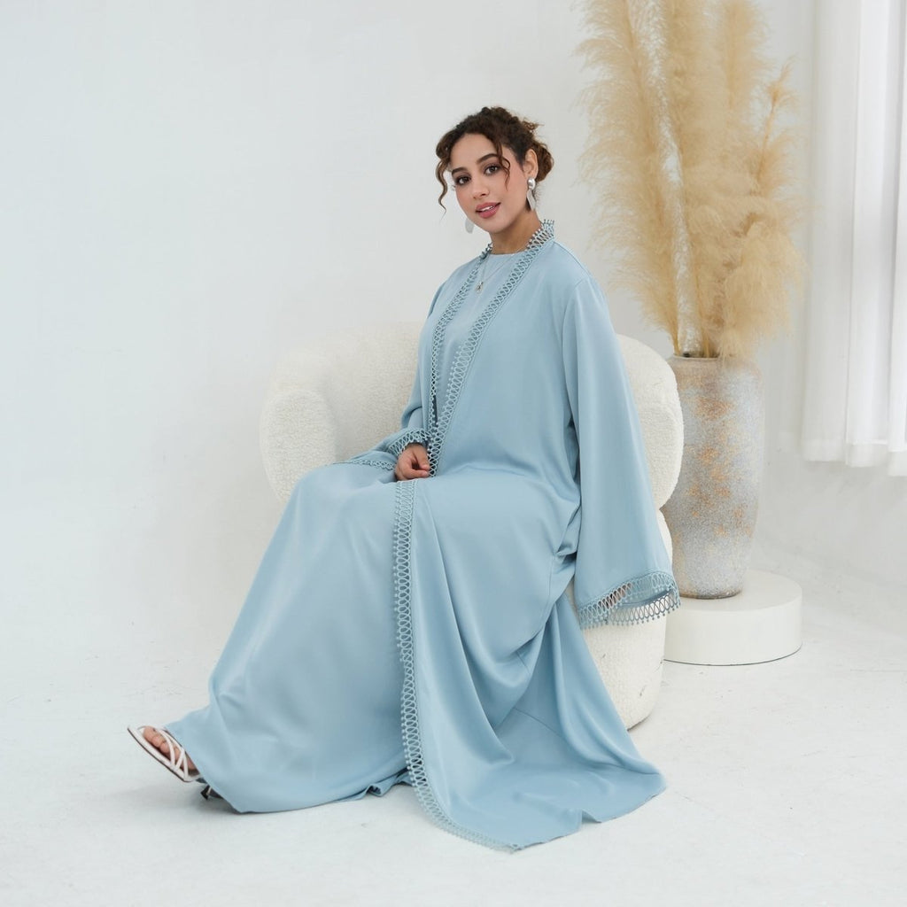 3D Lace Trim Open Abaya & Sleeveless Dress Set(MOA323)