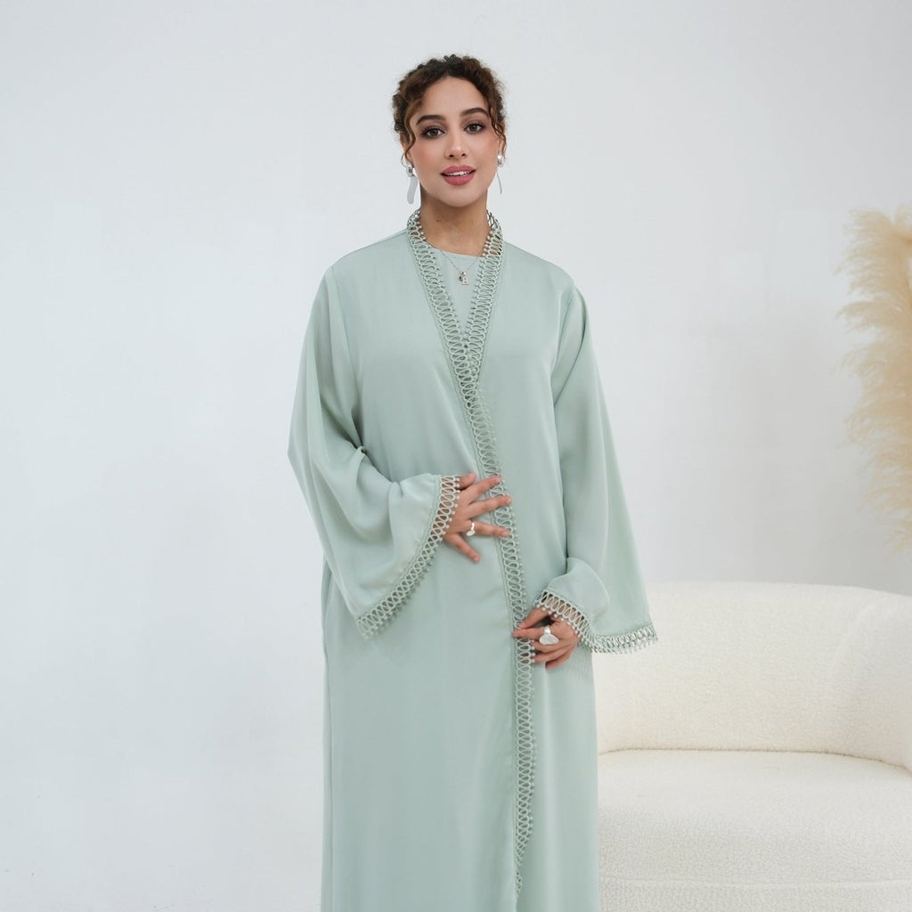 3D Lace Trim Open Abaya & Sleeveless Dress Set(MOA323)
