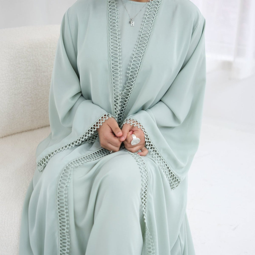 3D Lace Trim Open Abaya & Sleeveless Dress Set(MOA323)