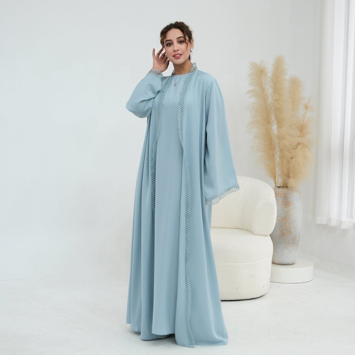 3D Lace Trim Open Abaya & Sleeveless Dress Set(MOA323)