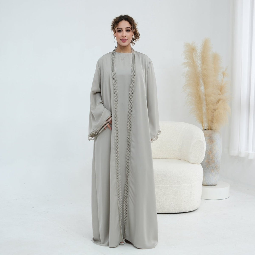 3D Lace Trim Open Abaya & Sleeveless Dress Set(MOA323)