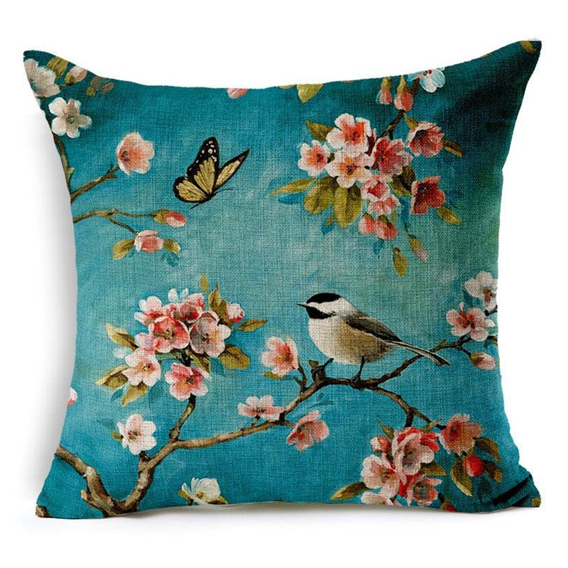 3D Printed Stylish Flowers And Birds Scenery Decorative Birds Throw Pillow Covers Outdoor Birds Cushion Covers Cotton Linen Cushion Covers Bright Colorful Pillow Case For Sofas Modern Soft Materials 45x45cm