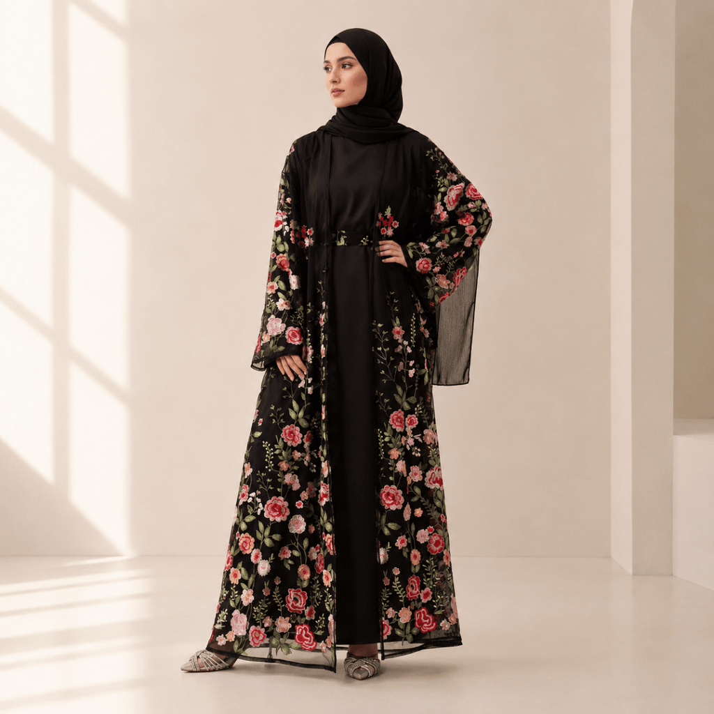 3D-Style Rose Garden Embroidered Open Abaya (MOA275)