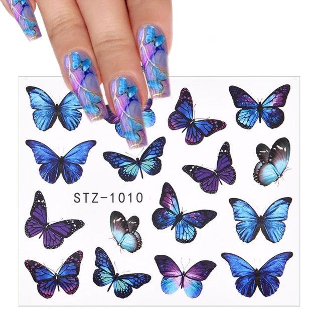 3D Watercolor Butterflies Sliders Nail Art Water Transfer Decal Sticker Blue Valentine Day Nail Decoration Tattoo Manicure Transfer Nail Decals Flowers Butterfly Designs Nails Supply DIY Manicure Tips Design Nail Decoration