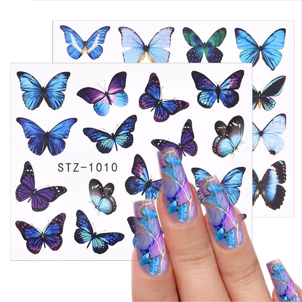 3D Watercolor Butterflies Sliders Nail Art Water Transfer Decal Sticker Blue Valentine Day Nail Decoration Tattoo Manicure Transfer Nail Decals Flowers Butterfly Designs Nails Supply DIY Manicure Tips Design Nail Decoration