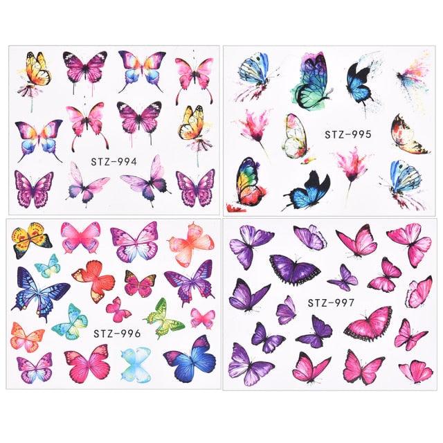 3D Watercolor Butterflies Sliders Nail Art Water Transfer Decal Sticker Blue Valentine Day Nail Decoration Tattoo Manicure Transfer Nail Decals Flowers Butterfly Designs Nails Supply DIY Manicure Tips Design Nail Decoration