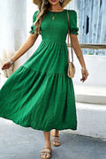 Sail Blue Solid Textured Smocked High Waist Midi Dress