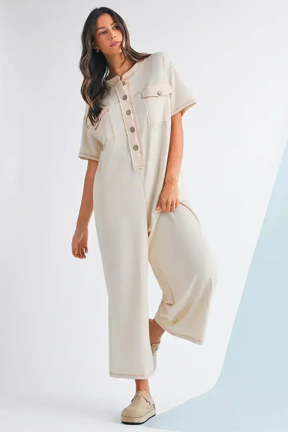 Jet Stream Patchwork Pocket Short Sleeve Jumpsuit