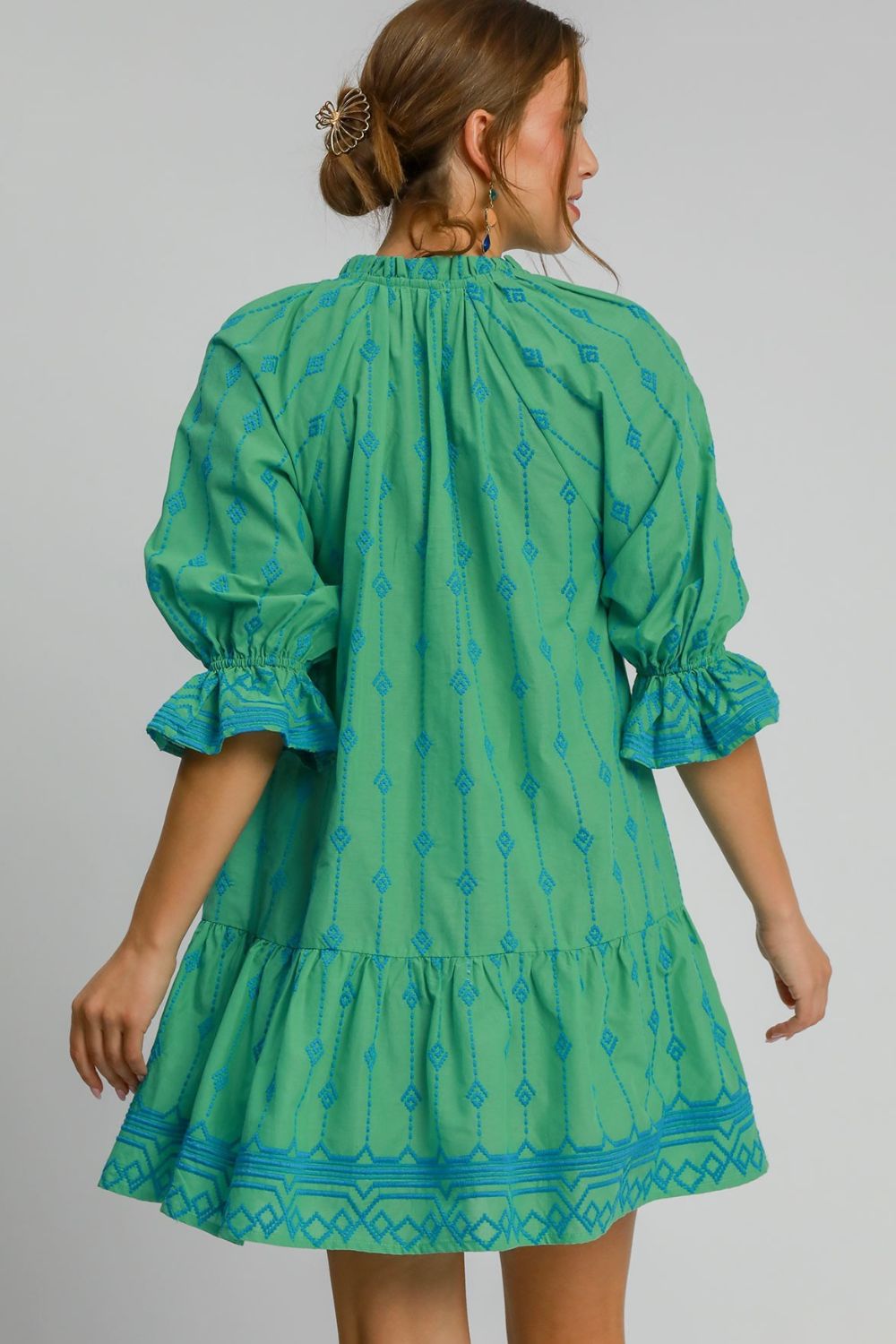Full Size Tassel Embroidered Sleeve Mini Dress Plus Size Feminine & Stylish Green Dress