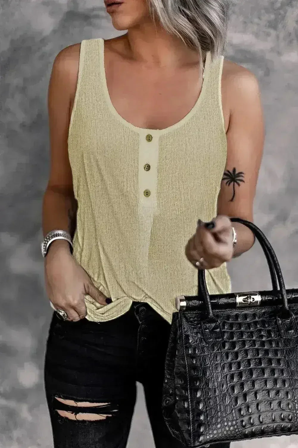 Button Textured Cotton Tank Top