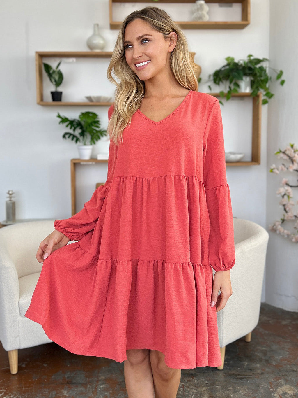 Light Green Double Take Full Size V-Neck Sleeve Tiered Dress with Pockets Elegant & Comfortable Casual Dress