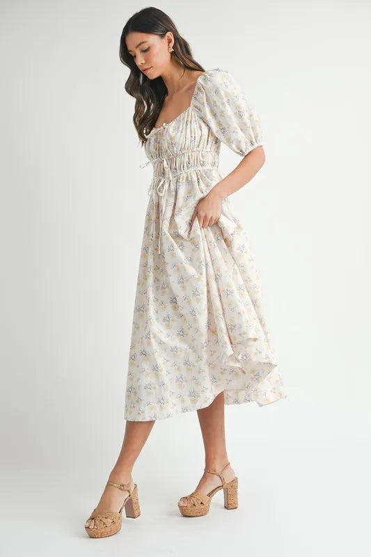 Floral Drawstring Detail Puff Sleeve Midi Dress – Romantic Floral Midi Dress, Ruched Drawstring Dress, Feminine Puff Sleeve Dress, Trendy Garden Party Dress For Summer