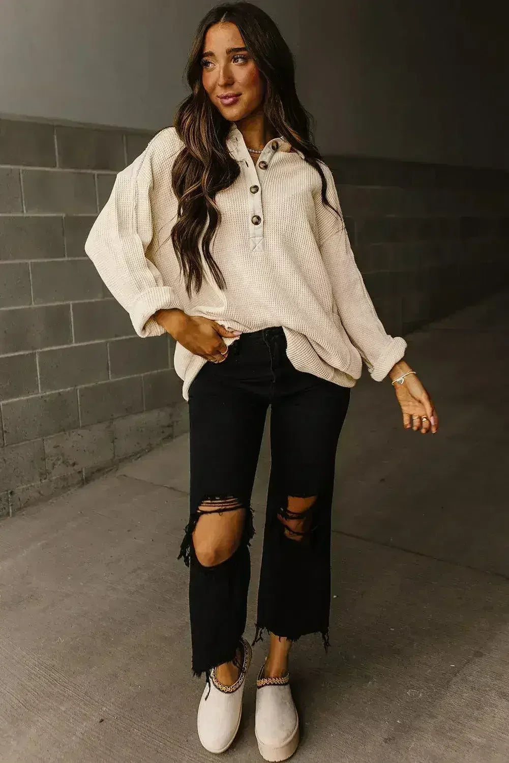 Pink Waffle Long Sleeve Collared Half Button Relaxed Fit Top