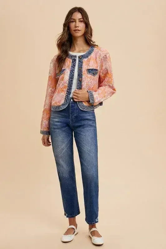 Floral Jacquard Denim Jacket - Contrast Button Down | Femstylo