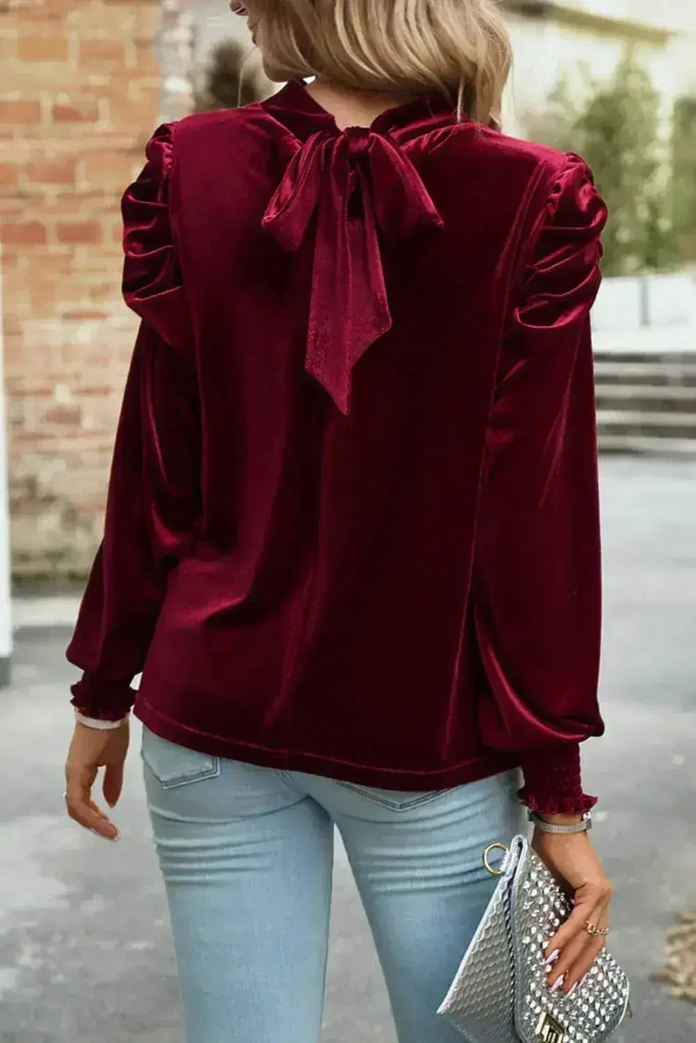Fiery Red Velvet Blouse - Mock Neck & Puff Sleeves | Femstylo