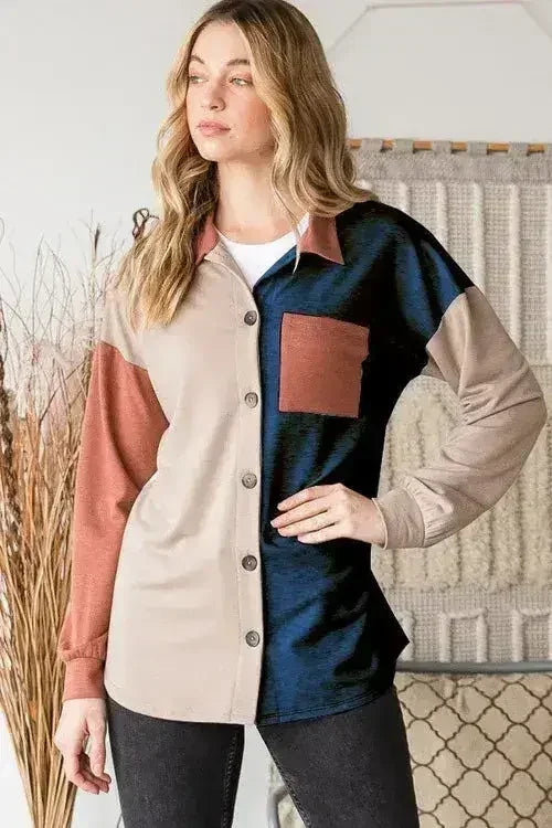 Color Block Button-Down Shirt - Modern Contrast Top | Femstylo