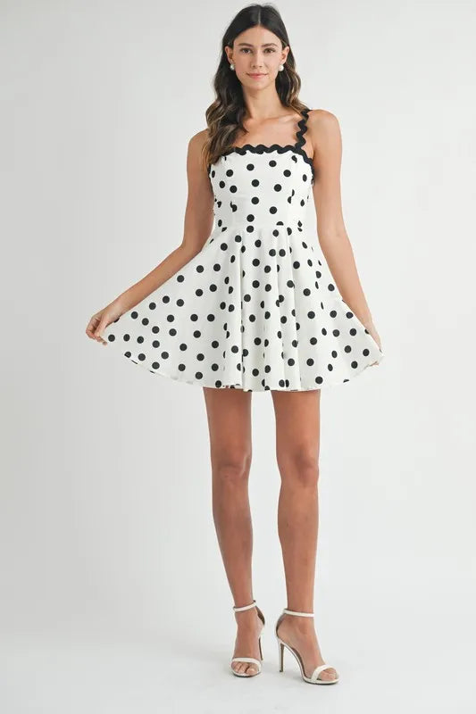 Polka Dot Mini Dress with Ricrac Trim Strap – Fun Polka Dot Pattern, Fluttering, Unique Ricrac Trim Strap, Playful and Stylish Mini Dress, Versatile Summer Dress