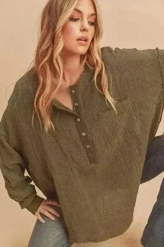Exposed Seam Raw Hem Top - Edgy Half Button Shirt | Femstylo