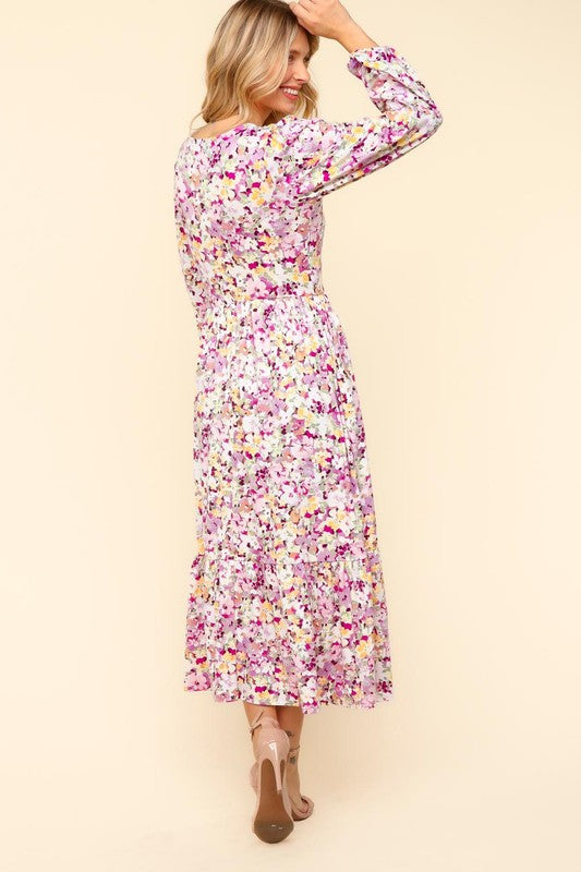 Lilac Full Size Floral V-Neck Long Sleeve Dress With Side Pockets Elegant & Practical Dress
