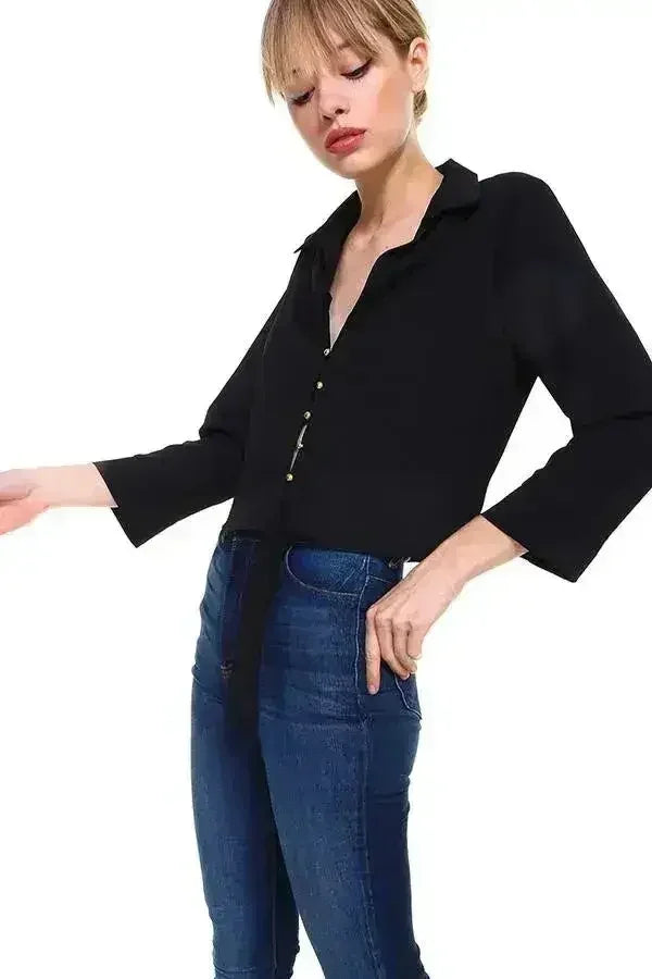 Solid Button Down Tie Front Blouse | Femstylo