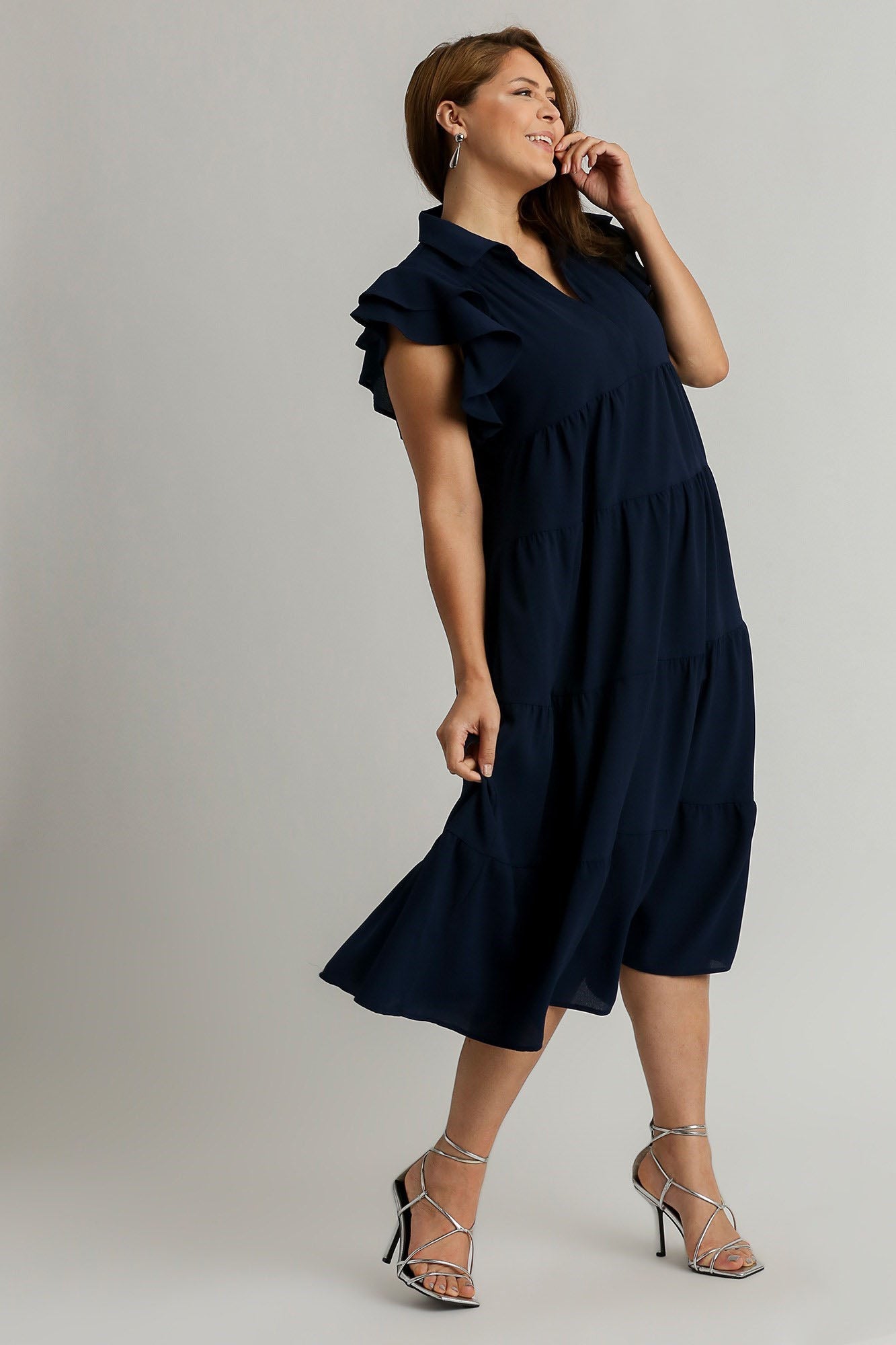 Dark Navy Full Size Ruffle Sleeve Dress Classic Feminine Plus Size Fashion Soft Dress
