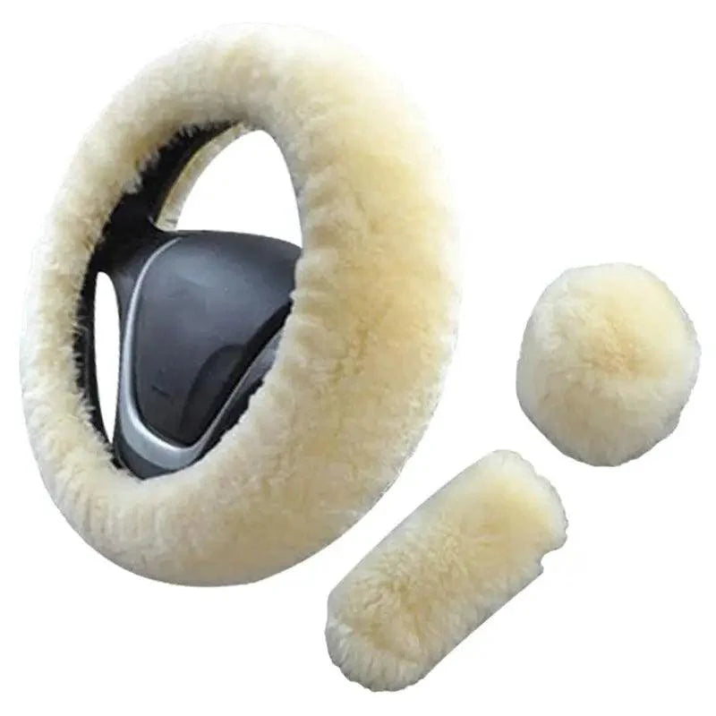 3Pcs Set Winter Fashion Wool Fur Soft Furry Car Steering Wheel Covers 16 Colors Winter Universal Hand Brake Gear Cover  Car Accessories