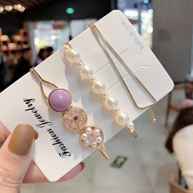 3pcs/Set Fashion Hair Clips Women Girls Elegant Pearls Geometric Hairpin Sweet Hair Ornament Barrette Headband Hair Accessories For Women