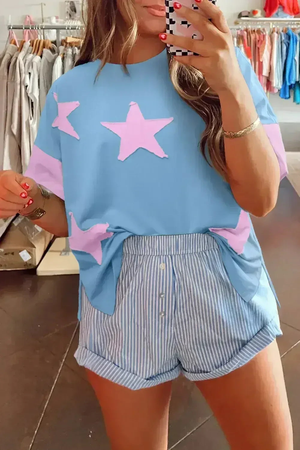Aruba Blue Frayed Star Patched 4th of July Oversize T Shirt