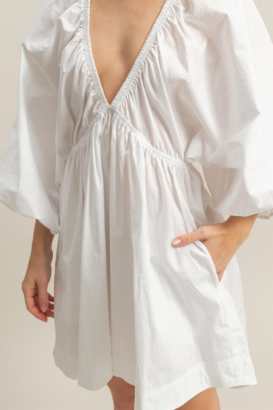 New Plunge Balloon Sleeve Poplin Mini Dress with Pockets For Summer Bold, Elegant, Sexy, Trendy, and Practical with Dramatic Balloon Sleeves and Plunging Neckline for a Fashion-Forward Look