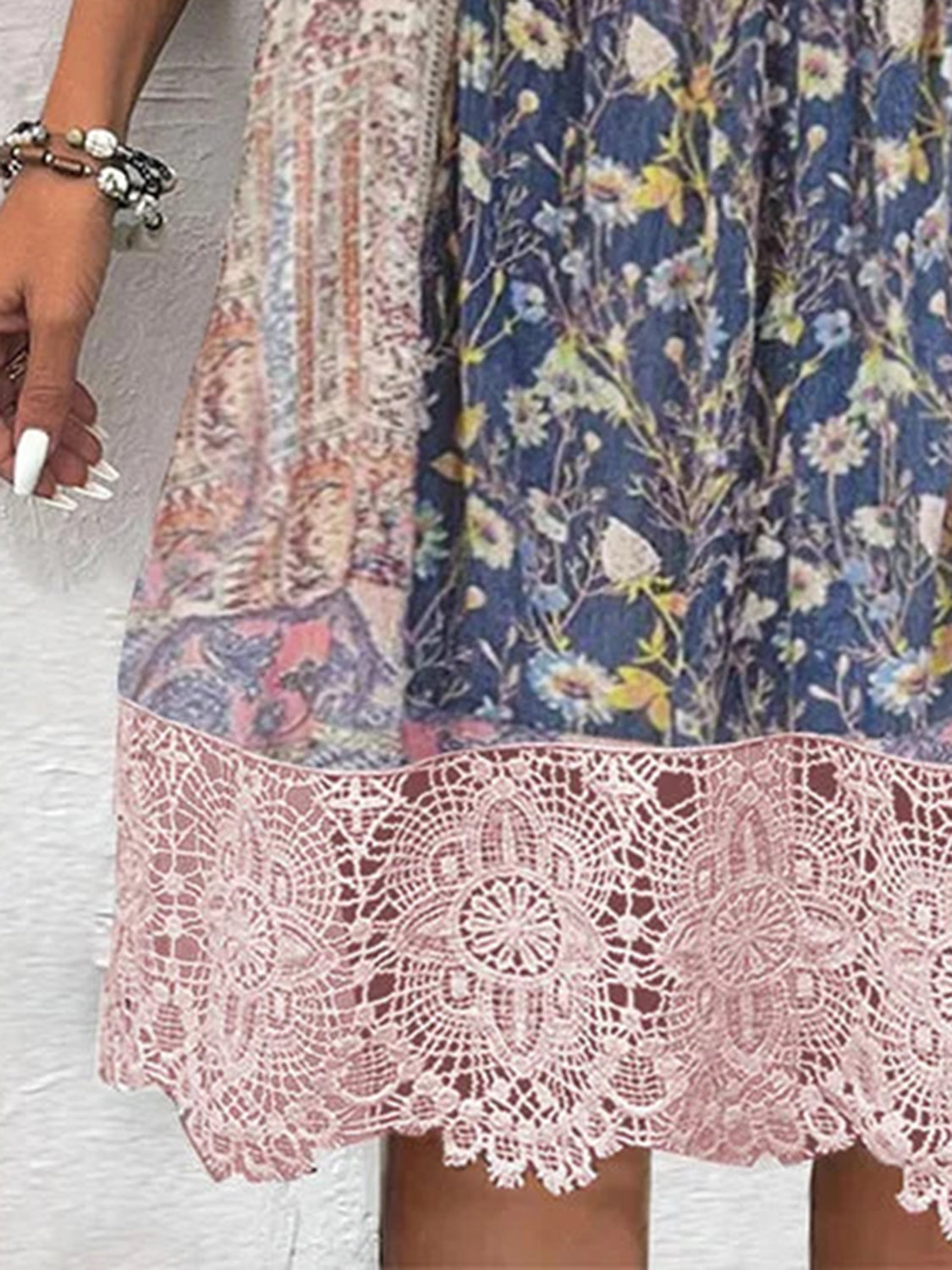Blush Pink Elegant Full-Size Lace Detail Dress Printed Sleeve Midi Dress for Women