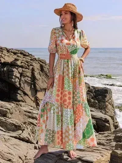 Printed Smocked Waist Short Sleeve Maxi Dress