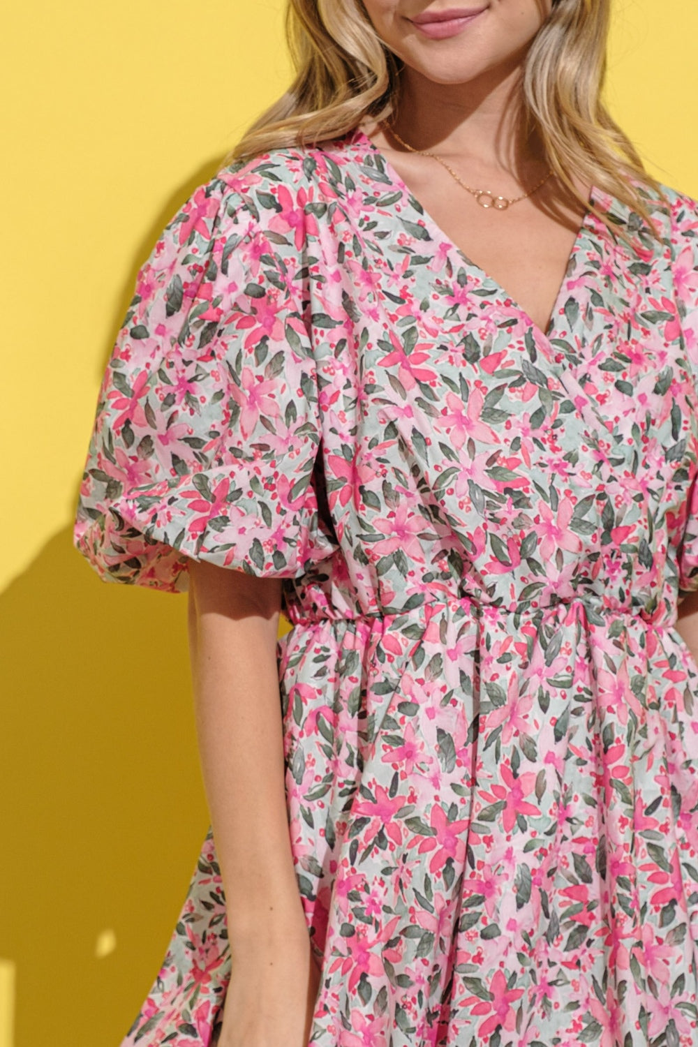 Full Size Floral Surplice Puff Sleeve Dress – Feminine Floral Dress, Surplice Neckline Dress, Puff Sleeve Dress, Elegant Floral Dress, Romantic Party Dress, Charming Floral Dress, Versatile Dress for Every Occasion