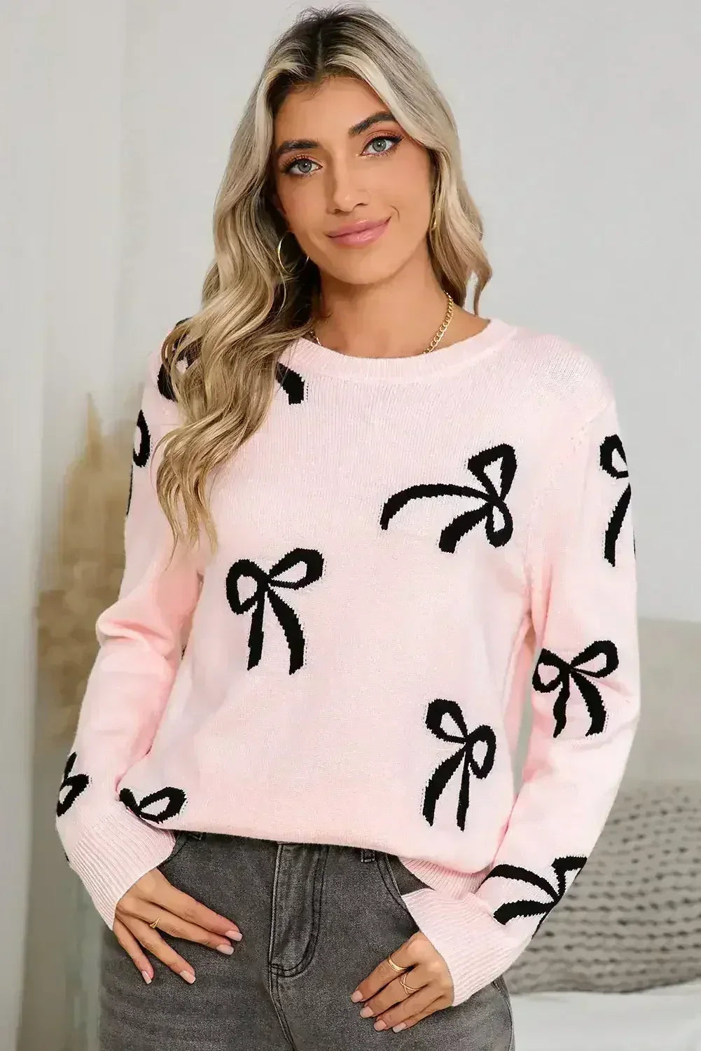 Light Pink Bow Print Long Sleeve Loose Fit Sweater