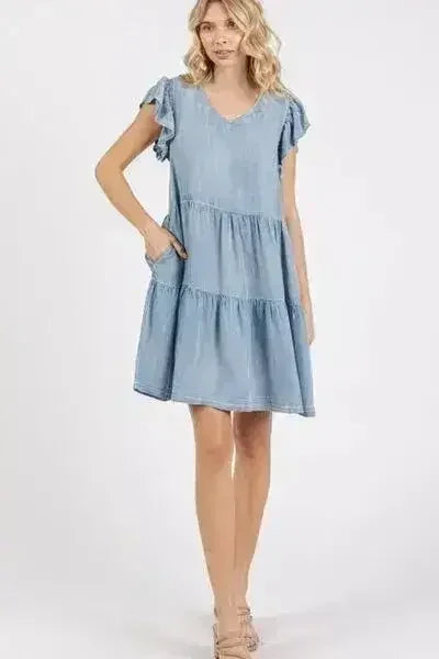 Feminine V-Neck Mini Dress – Ruffled Sleeves & Tencel Fabric | Femstylo