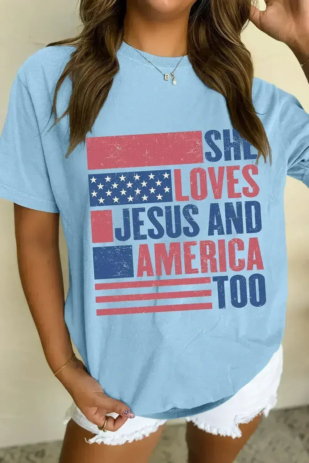 Light Blue SHE LOVES JESUS AND AMERICA TOO Patriotic T Shirt