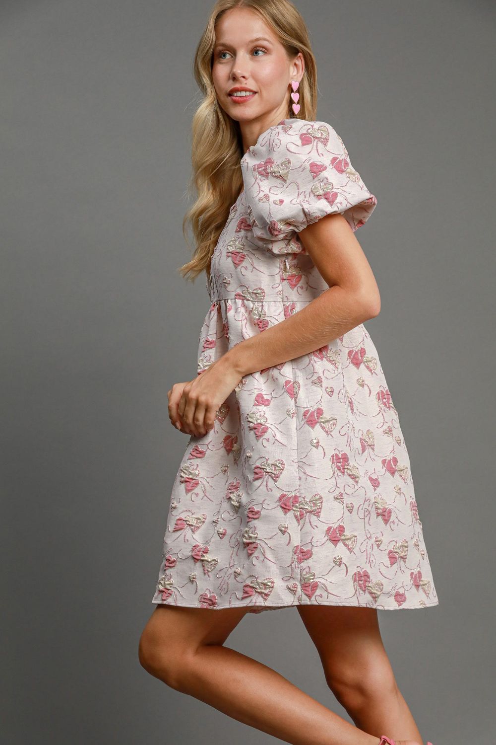 Heart Jacquard Square Neck Puff Sleeve Mini Dress – Romantic Heart Jacquard Dress, Puff Sleeve Dress, Square Neck Mini Dress, Chic Date Night Dress, Elegant Puff Sleeve Dress