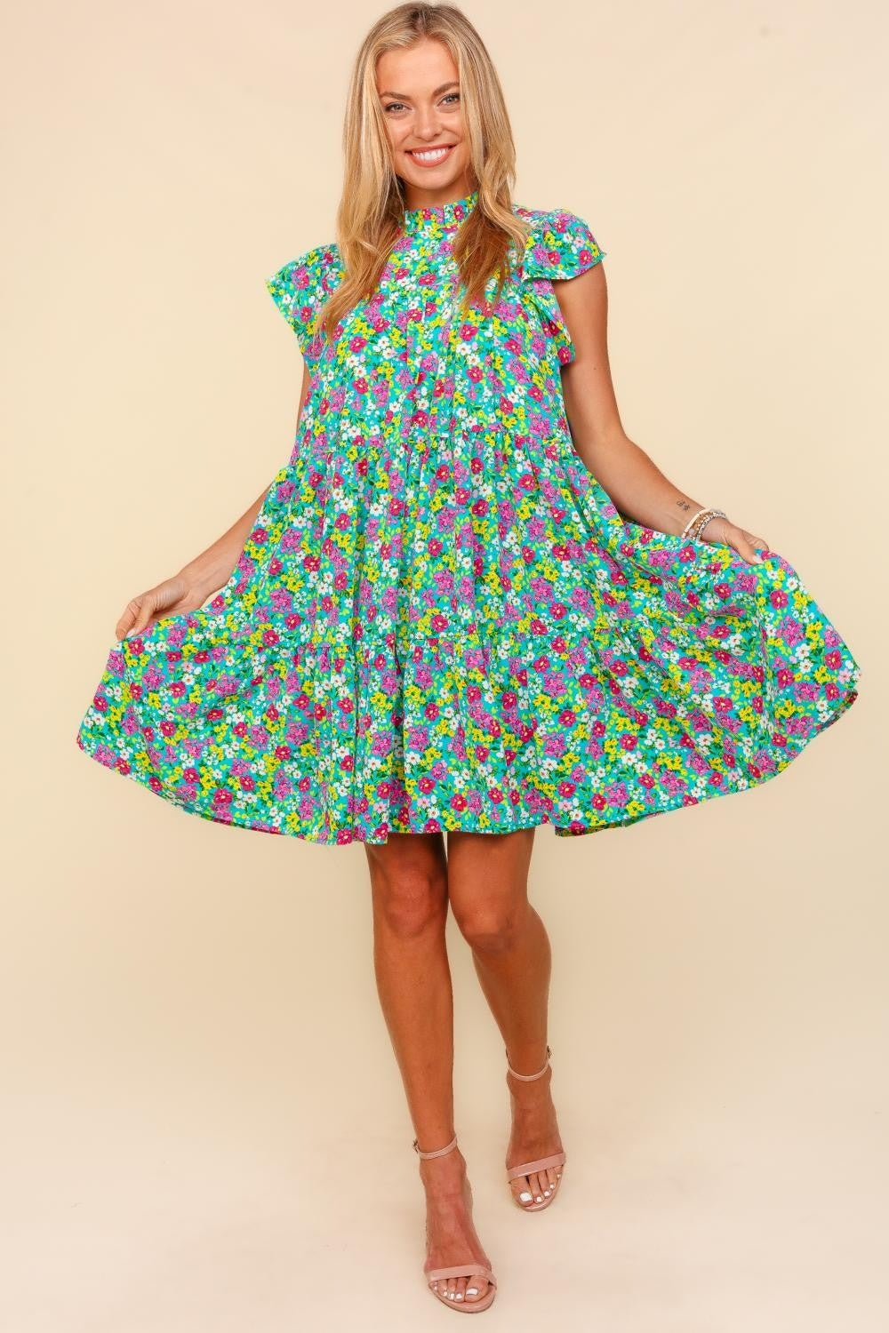 Frilled Mock Neck Ditsy Floral Dress – Mock Neck Floral Dress, Frilled Floral Dress, Ditsy Floral Dress, Tiered Floral Dress, Elegant Floral Dress, Feminine Floral Dress, Pocketed Floral Dress