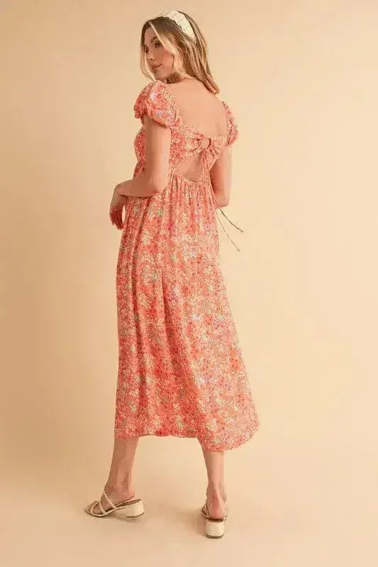 Floral Cutout Back Midi Dress - Square Neck & Puff Sleeves | Femstylo
