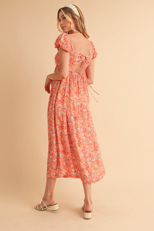 Cutout Back Floral Square Neck Puff Sleeve Midi Summer Dress For Women – Elegant & Feminine with Modern Details, Perfect for Special Occasions