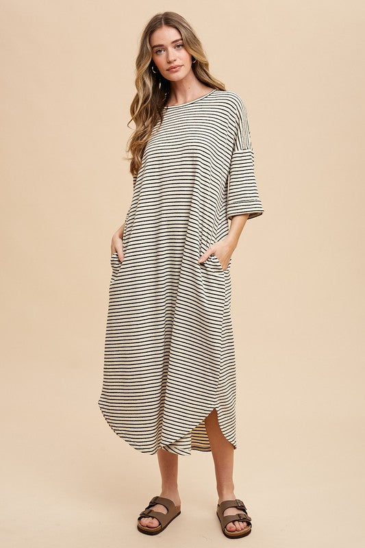 Striped Round Neck Midi Dress Soft & Stylish Classic Design Long Dress