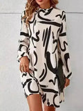 Printed Mock Neck Long Sleeve Mini Dress
