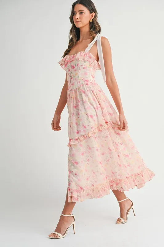 Floral Printed Shoulder Strap Midi Dress For Women – Floral Midi Dress, Shoulder Strap Dress, Ruffled Midi Dress, Feminine Floral Dress, Elegant Occasion Dress