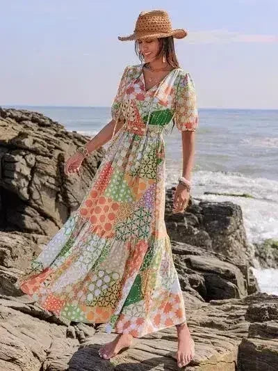 Printed Smocked Waist Short Sleeve Maxi Dress